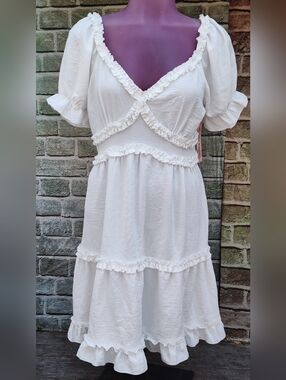 NEW Inspired Hearts Off White Puff Sleeve Smocked Ruffle Mini Dress, Large